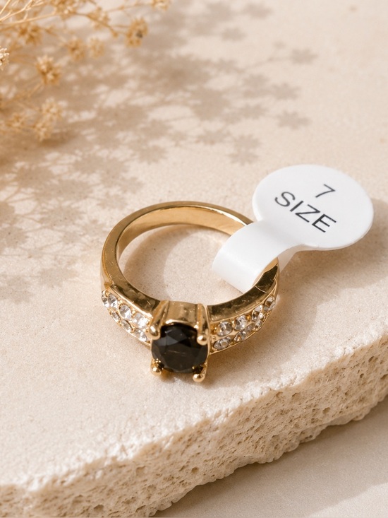 Jewelry - Gold plated Ring dark Center Stone and Clear Accent Crystal - Size 7 preppy gift